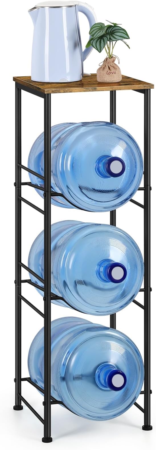 5 Gallon Water Bottle Jug Holder 3-Tier Water Bottle Holder Organizer with Top Shelf, Heavy Duty Water Dispenser Stand Rack for Kitchen Living Room Office, Rustic Brown