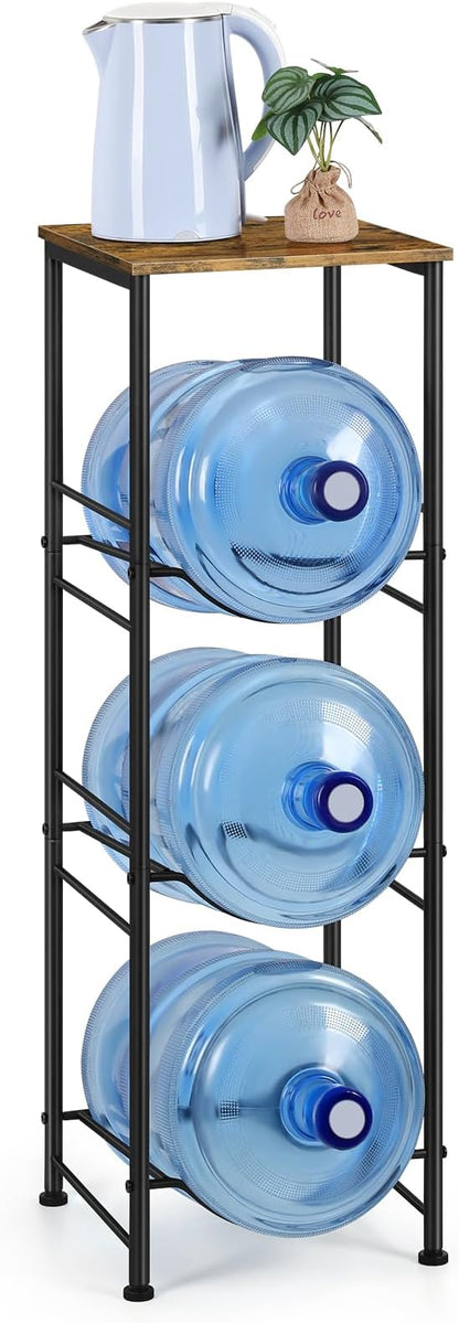 5 Gallon Water Bottle Jug Holder 3-Tier Water Bottle Holder Organizer with Top Shelf, Heavy Duty Water Dispenser Stand Rack for Kitchen Living Room Office, Rustic Brown