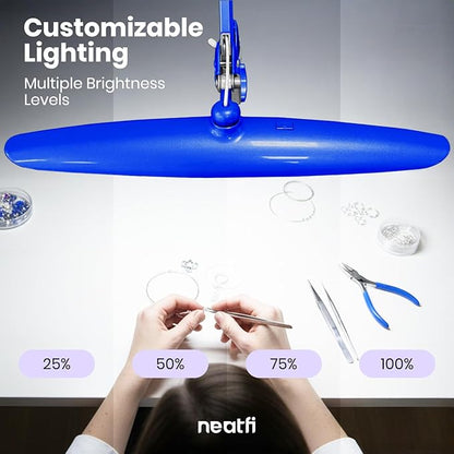 Neatfi XL LED Desk Lamp with Clamp, 2200 Lumens, 24W, 20-Inch Wide Head, Dimmable 4 Brightness Levels, Task Light for Home Office, Crafts, Workbench (Non-CCT, Sapphire Blue)