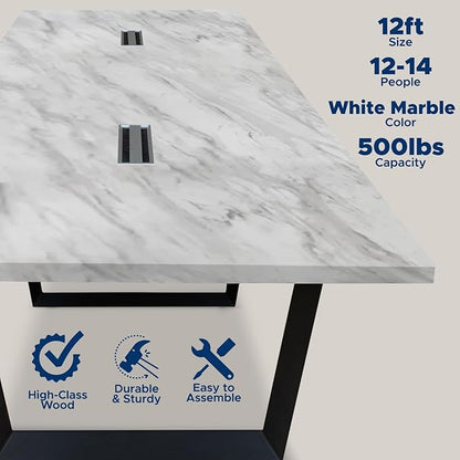 Sturdy Conference Table with Cable Management Grommets Modern Rectangle Office Meeting Table with Wood Tabletop and Metal Frame & Legs- Easy Assembly Boardroom Table (White Marble, 12 Foot)