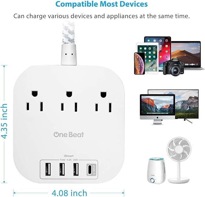 Power Strip with USB C, 3 Outlets 4 USB Ports (22.5W/4.5A) Desktop Charging Station, Flat Plug, 15ft Braided Extension Cord, Non Surge Protector for Travel, Cruise Ship, ETL Listed