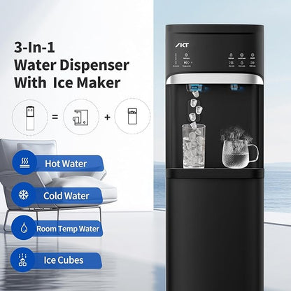 IKT Self Cleaning Hot and Cold Water Cooler Dispenser with Ice Maker Bottom Load for 3-5 Gallon Bottle 22lbs Daily Capacity Child Safety Lock Black