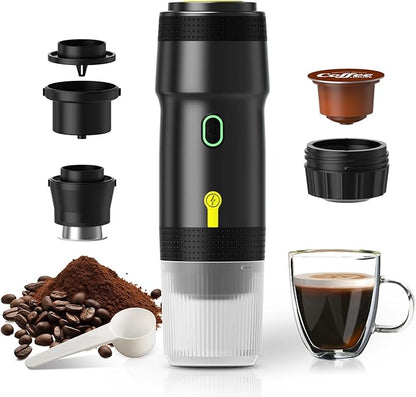 LumoShine Portable Electric Espresso Machine,Travel Coffee Maker for Camping,Car Coffee Maker Self-Heating with USB-DC, Compatible with Ground Coffee & Capsule for Hiking,Office,RV (Black)