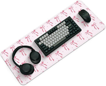 Large Computer Mouse Pad with Non-Slip Base for Desktop, Cute Gaming Mouse Mat with Stitched Edges, Long Extended Anime Mousepad for Laptop, 31.5 x 11.8 inches (Pink Ribbon Bow)