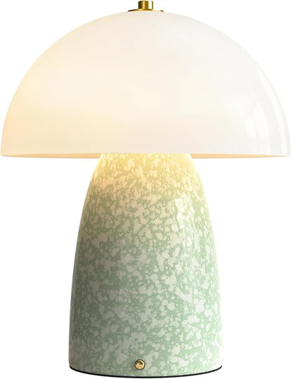 11" Mushroom Table Lamp, Small Ceramic Desk Bedside Lamp with Touch Control 3-Way Dimmable & Glass Shade, Modern Nightstand Lamp for Living Room Bedroom Home Office Crackle Texture Decor-Green