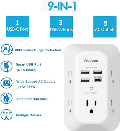 2 Pack Addtam USB Wall Charger Surge Protector, 5 Outlet Extender with 4 USB Charging Ports (1 USB C Outlet) 3 Sided 1800J Power Strip Multi Plug Outlets, Wall Adapter Spaced for Home Office, White
