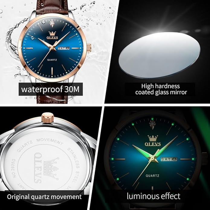 OLEVS Mens Watches, Dress Waterproof Classic Analog Casual Luxury Wrist Watch for Men with Date, Easy to Read Relojes para Hombres Male Quartz Wristwatch with Brown Black Leather Band Blue Black Dial