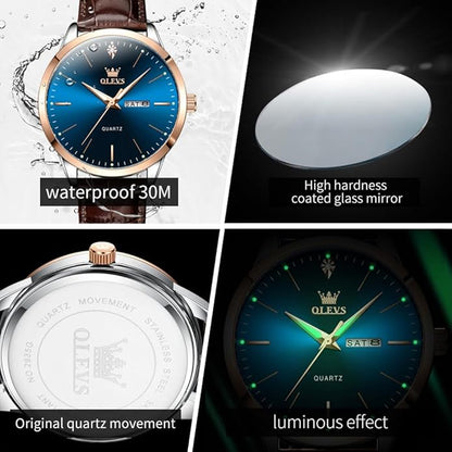 OLEVS Mens Watches, Dress Waterproof Classic Analog Casual Luxury Wrist Watch for Men with Date, Easy to Read Relojes para Hombres Male Quartz Wristwatch with Brown Black Leather Band Blue Black Dial