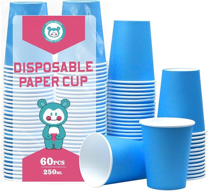 Disposable Paper Cups, 60pcs Blue Paper Cups For DIY Wedding Party Picnic BBQ Travel and Event 8oz (Blue)