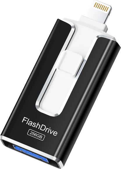 MFi Certified 256GB Flash Drive for iPhone iPad, Photo Stick for External Memory Storage, Easily Back Up and Save Photos Videos, USB Memory Stick Thumb Drive for iPhone/iPad/Android/PC (Black, 256GB)