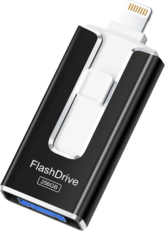 MFi Certified 256GB Flash Drive for iPhone iPad, Photo Stick for External Memory Storage, Easily Back Up and Save Photos Videos, USB Memory Stick Thumb Drive for iPhone/iPad/Android/PC (Black, 256GB)