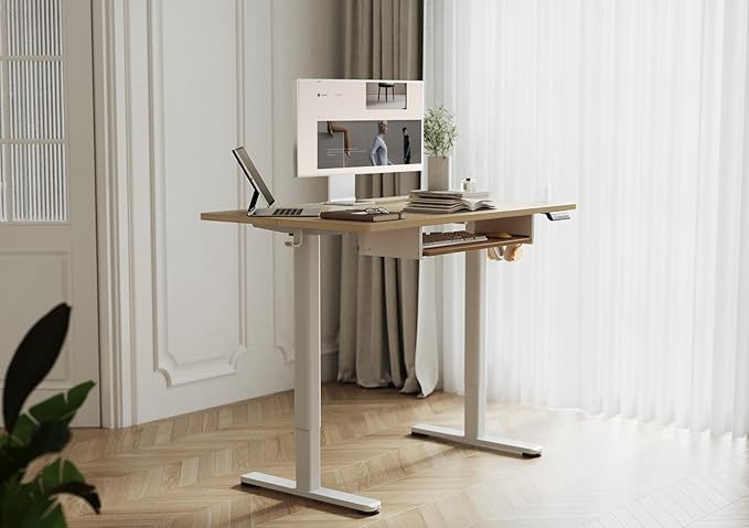 YDN Standing Desk, Height Adjustable Computer Desk with Keyboard Tray, 48 Inch Natural Ergonomic Desk for Home Office and Gaming