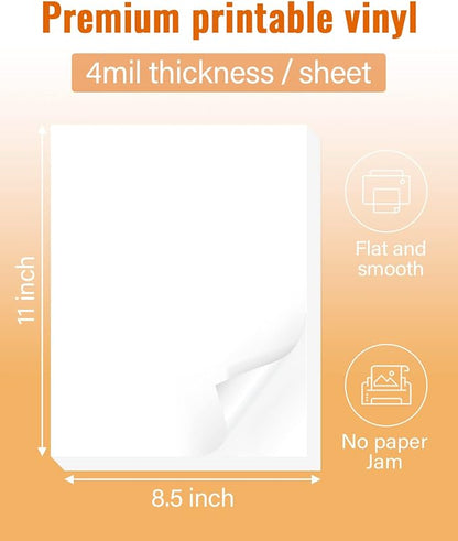 QYH Premium Printable Vinyl for Inkjet Printer-50 Glossy Sticker Paper Waterproof 8.5’’x11’’ White Labels