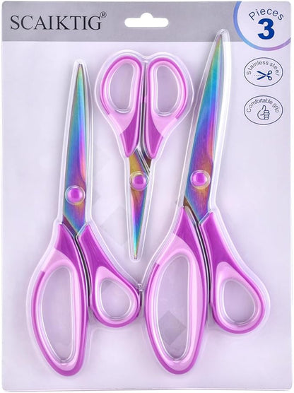 Craft Scissors Set of 3 Pack, All Purpose Sharp Titanium Blades Shears, Comfort Grip Handle, Multipurpose Fabric Scissors Tool Great for Adults, Office, Sewing, School and Home Supplies, Purple