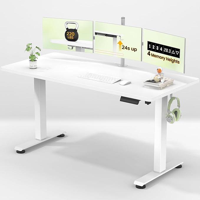 Veken 55 Inch Large Electric Standing Desk,Sit to Stand Up, Heights Adjustable, Work Home Office Computer Table for Study, Walking Pad, Writing, and Games, Wooden Desktop Desks, White