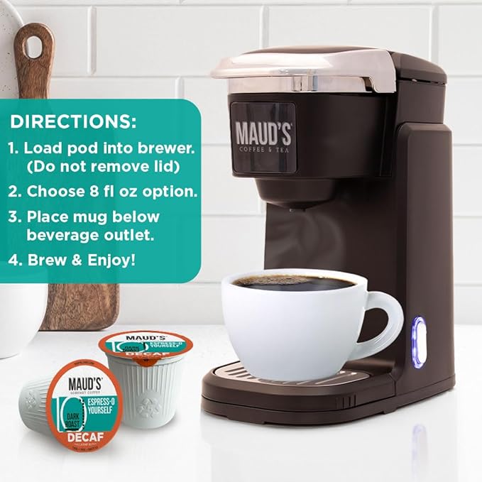 Maud's Decaf Espresso Roast Coffee Pods, 18 ct, Decaffeinated Dark Roast Recyclable Single Serve Pods – 100% Arabica Coffee, Compatible with Keurig K Cups Maker