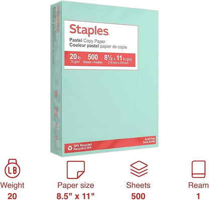 Staples Pastel Color Copy Paper, 20 lbs., 8.5" x 11", Turquoise, 500 Sheets/Ream (14784)