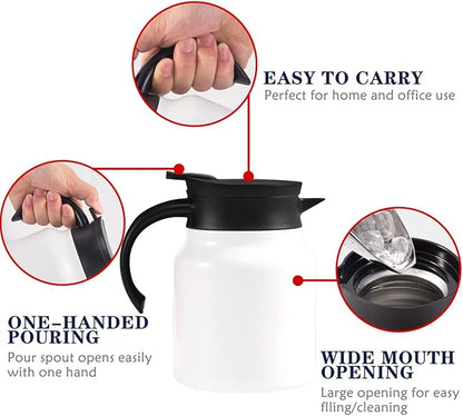 34oz Thermal Coffee Carafe with Tea Infuser/Smart Double Walled Vacuum Thermo with LED Display/Stainless Steel Tea Carafe/Tea Pot /12 Hour Heat & 24hr Cold Retention (White)