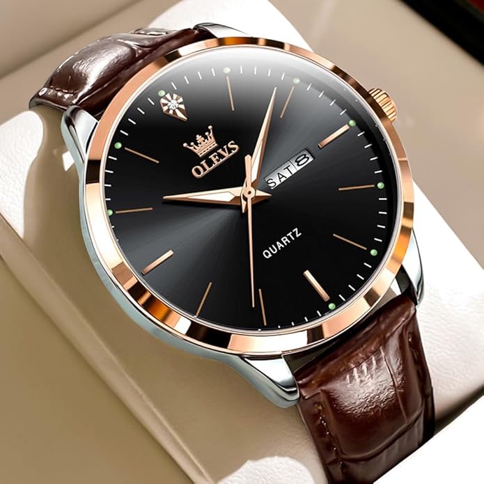 OLEVS Mens Watches, Dress Waterproof Classic Analog Casual Luxury Wrist Watch for Men with Date, Easy to Read Relojes para Hombres Male Quartz Wristwatch with Brown Black Leather Band Blue Black Dial