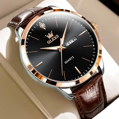 OLEVS Mens Watches, Dress Waterproof Classic Analog Casual Luxury Wrist Watch for Men with Date, Easy to Read Relojes para Hombres Male Quartz Wristwatch with Brown Black Leather Band Blue Black Dial