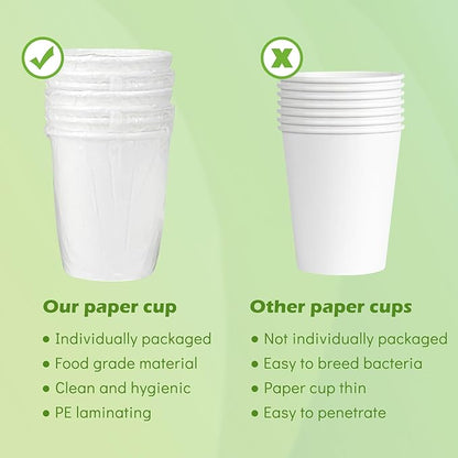 100 Pack 8 Oz Paper Cups,Individually Wrapped Cups for Hotel Motel Room,Disposable Coffee Cups for Cafes Bistros Parties (White)