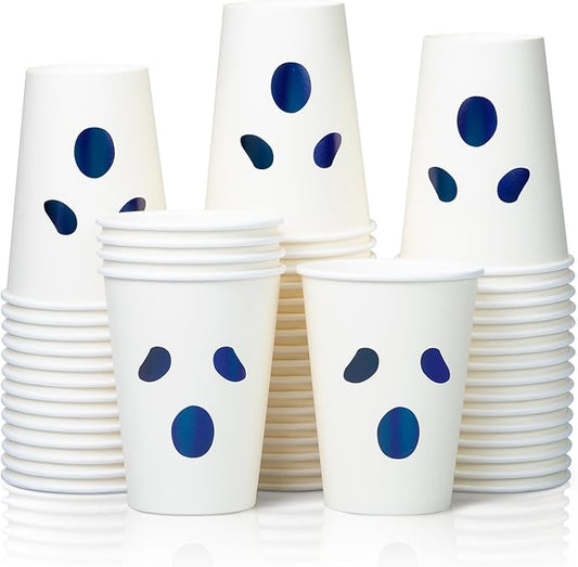 Halloween Disposable Paper Party Cups, Bulk 50 Pack, Leak-Resistant, 12 oz Hot and Cold Cups for Restaurants and Parties, Ghost Face