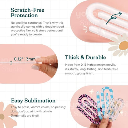 30 Pack Sublimation Paper Clips Blanks, 20pcs 3.7"x1.9" + 10pcs 3"x1.5" Clear Acrylic Jumbo Clips for Heat Transfer, DIY Crafts, Office School Supplies, Customizable Gift Ideas