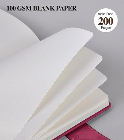 Blank Journal Notebook, A5 Hardcover Leather Sketchbook with 200 Pages Thick Blank Paper for Men Women, Unlined Drawing & Writing Journal, 5.9" x 8.4" Plain Notebook (wine red)
