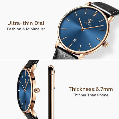 L LAVAREDO Watch for Men, Extremely Thin Mens Watches Minimalist Analog Men's Leather Wrist Watches with Time/Date, Birthday Gift for Men Boyfriend
