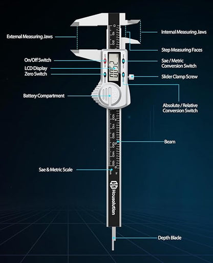 Housolution Digital Caliper 6 inch,(ABS) Absolute Scale Caliper,IP54 Caliper Measuring Tool, Inch/MM, Auto-Off LCD Stainless Steel Waterproof Micrometer Vernier Caliper, with Steel Ruler, Silver
