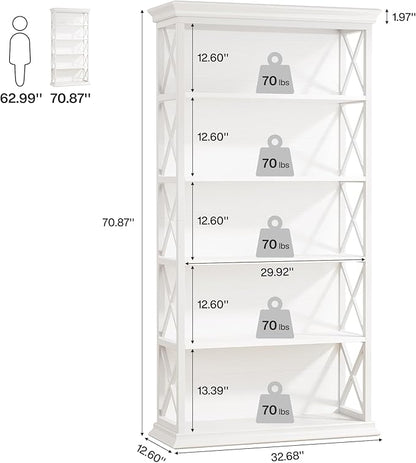 Tribesigns 6-Tier Bookcase, 71 Inches Industrial Bookshelves and Bookcases, Floor Standing 5 Shelf Display Storage Shelves Tall Bookcase for Home Office, Living Room, Bed Room, White