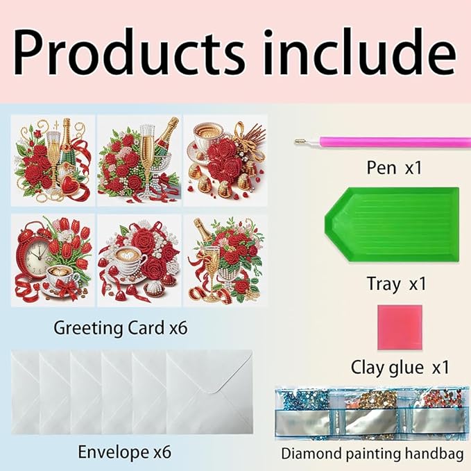 6pcs DIY Valentine Flower Coffee Diamond Art Painting Greeting Cards Kit, Rhinestone Art Holiday Birthday Card Set with Envelopes, DIY Festival Craft for Girlfriend, Christmas Valentine Gift Making Supplies
