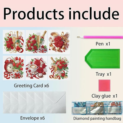 6pcs DIY Valentine Flower Coffee Diamond Art Painting Greeting Cards Kit, Rhinestone Art Holiday Birthday Card Set with Envelopes, DIY Festival Craft for Girlfriend, Christmas Valentine Gift Making Supplies