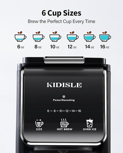 Single Serve Coffee Maker – Hot & Iced, K Cup & Ground Compatible, Reusable Pod Filter, 6–16oz Brew Sizes, 40oz Water Tank, Easy-to-Use, Black