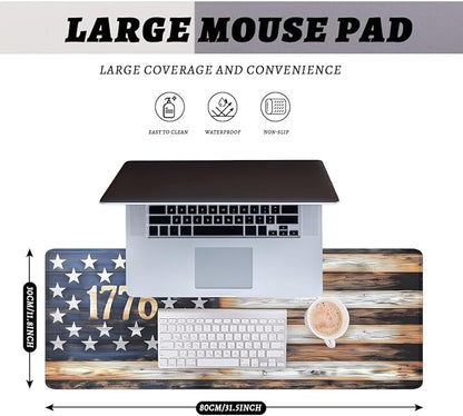 American Flag Desk Mat Patriotic Rustic Wood 1776 Rustic Large Gaming Mouse Mat with Stitched Edges,Non-Slip Waterproof Rubber Base Mous Mat 31.5"x11.8"