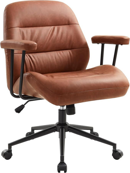 IWMH Home Office Chair, PU Leather Ergonomic Desk Chair with Armrests, Mid-Century Modern Executive Task Chairs, Height Adjustable (Brown)