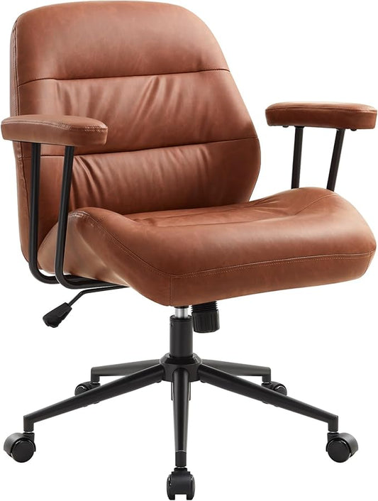 IWMH Home Office Chair, PU Leather Ergonomic Desk Chair with Armrests, Mid-Century Modern Executive Task Chairs, Height Adjustable (Brown)