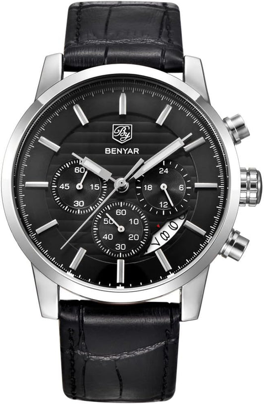 BENYAR Quartz Chronograph Waterproof Watches Business and Sport Design Leather Band Strap Wrist Watch for Men
