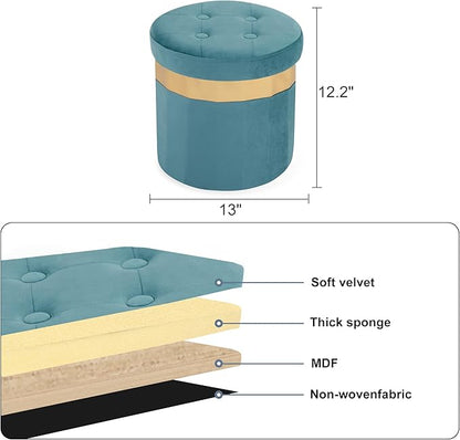 Small Ottoman with Storage,Folding Round Ottoman with Gold Trim,Velvet Storage Stool,Foot Stool with Soft Padded,Foot Rest for Living Room13“x13”x12.4(Blue,1pcs)