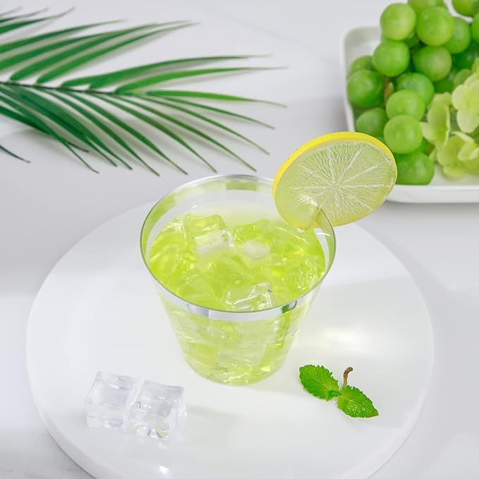 WELLIFE 120PCS Silver Disposable Plastic Cups,9 oz Clear Plastic Cups,Disposable Wine Glasses for Party and Wedding