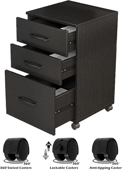 File Cabinet 3 Drawers with 1 Lock Wooden Rolling Mobile Filing Cabinet with Wheels for Home Office Under Desk File Cabinet Office Storage Cabinet, Black