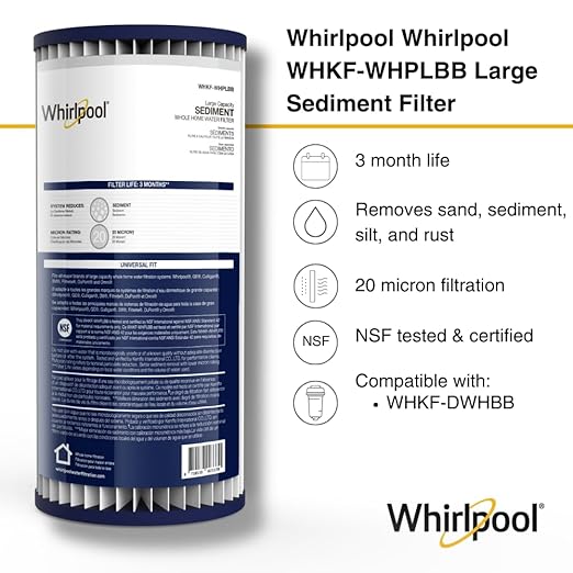 Whirlpool WHKF-WHPLBB Whole House Large Capacity Pleated Sediment Filter, Upgraded 20 Micron Reduces Sand, Soil, Silt & Rust, Fits 4.5" Diameter Standard Home Water Filter Housings