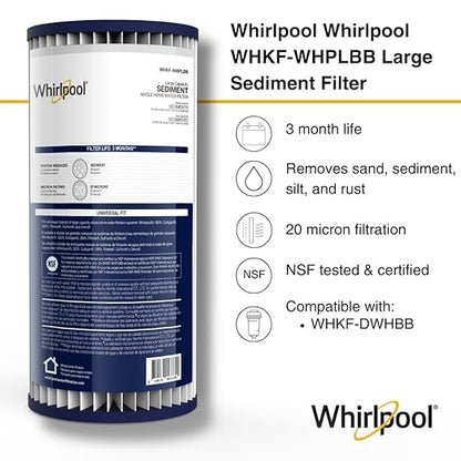 Whirlpool WHKF-WHPLBB Whole House Large Capacity Pleated Sediment Filter, Upgraded 20 Micron Reduces Sand, Soil, Silt & Rust, Fits 4.5" Diameter Standard Home Water Filter Housings