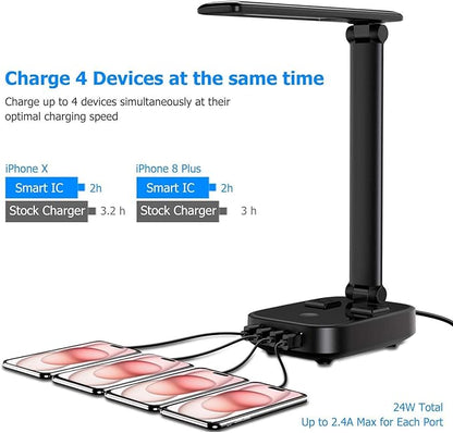 LED Desk Lamp with 4 USB Charging Ports and 2 AC Outlets,5ft Extension Cord Power Strip Station, 3 Level Brightness, Touch Dimmer Control, Office Table Eye Care Lamp Bedroom Hotel
