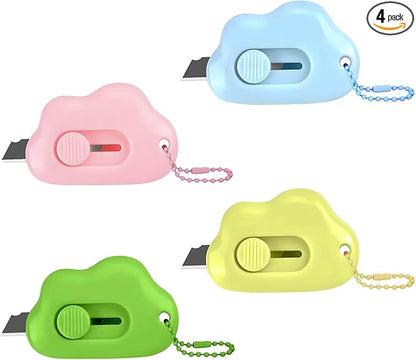 Cloud Retractable Box Cutter 4 Pack - With Key Rings,Safe Auto-Retract Design,Mini Paper Cutter for Box,Packages,Mail,Envelopes,Portable Keychain Letter Opener for Home,Office,Travel