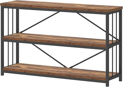 IBF Farmhouse Low 3 Tier Bookshelf, Industrial Rustic Horizontal Wood Bookcase, Modern Wide Open Metal Etagere with Storage, Vintage Book Shelf for Office Bedroom Living Room, Rustic Brown, 47 Inch