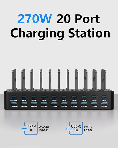 270W Charging Station for Multiple Devices, 20-Port USB Fast Charging Station with Adjustable Dividers & 10 Cables, Multi Device Organizer Charging Dock for iPhone, iPad, Tablets & More(Black)
