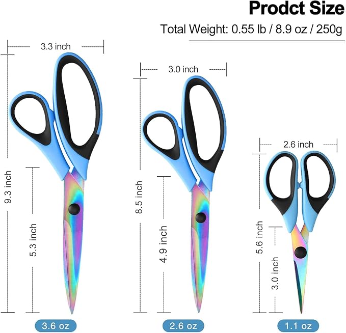 Scissors All Purpose, Sharp Titanium Blades Shears, Rubber Comfort Grip Handle, Multipurpose scissors 3 pack, Great for Office, Fabric, Craft, Sewing, Arts, School and Home Supplies, Black&Blue