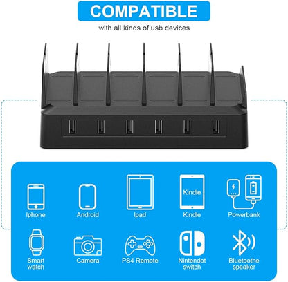 Charging Station for Multiple Devices, 6 Port USB Charger with Holder Stand and Cables for iPad, Apple, Android, Tablet, Office Desk Charging Dock Storage Organizer (White)