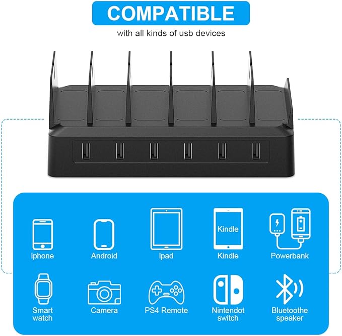Charging Station for Multiple Devices, 6 Port USB Charger with Holder Stand and Cables for iPad, Apple, Android, Tablet, Office Desk Charging Dock Storage Organizer (Black)